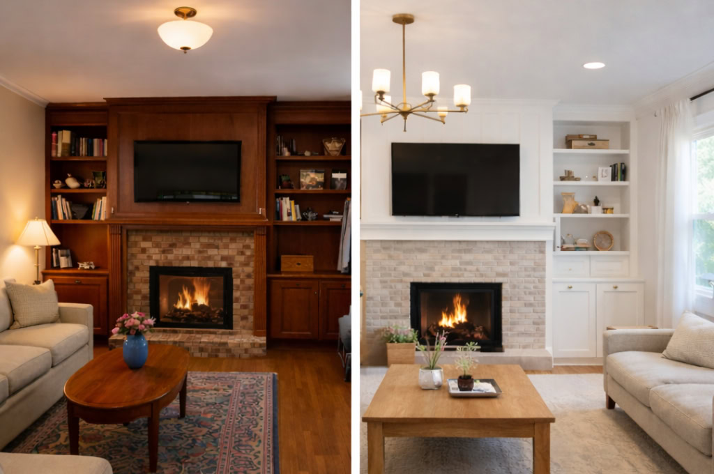 split living room comparison showing traditional East Dallas interior and renovated modern interior with similar layout